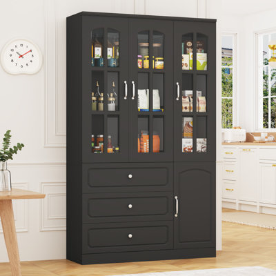 Armoire de rangement pour garde-manger de 79 po avec portes en verre et 3 tiroirs, grandes étagères de rangement, bibliothèque et armoires garde-manger modernes pour la cuisine, la salle à manger et le salon