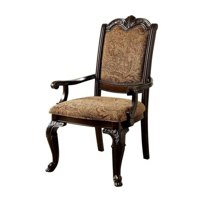 Formal Set Of 2Pc Arm Chairs Brown Cherry Solid Wood Chair Padded Fabric Upholstered Seat Kitchen Dining Room Furniture