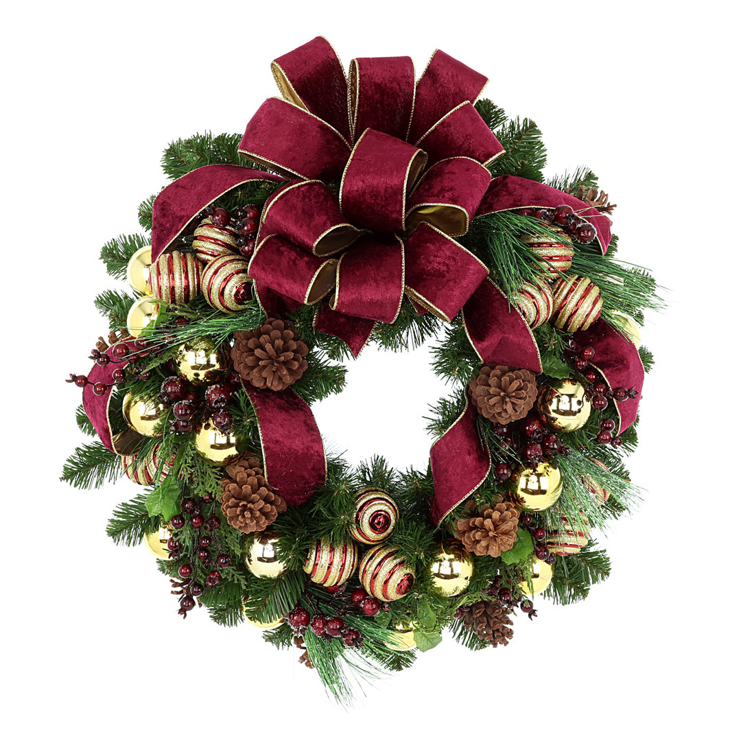 Jhamal Burgundy and Gold Holiday Wreath with Ornaments, Berries, Pinecones and Large Bow with Ribbon The Holiday Aisle®