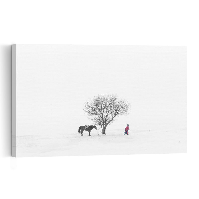 Cheval et personne dans la neige, impression de paysage abstrait cheval minimaliste paysage nature, H 40 po x l 60 po