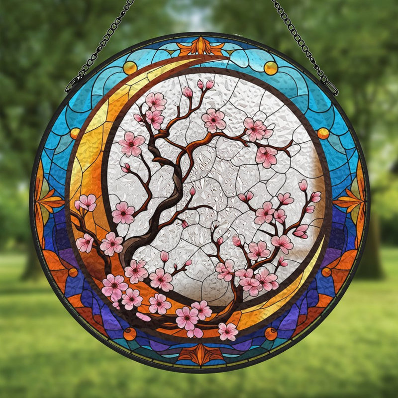 Vitrail vitrail cerisier lune vitrail pour fenêtre, 3.5x3.5in(9x9cm)