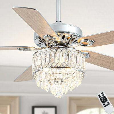 52 Inch Crystal Ceiling Fan With Light Kit And Remote, Modern 6 Speeds Reversible DC Motor Chandelier Ceiling Fans