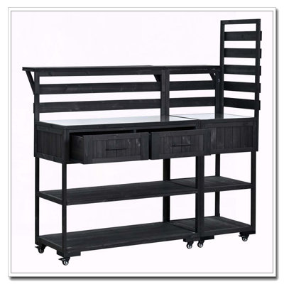 62.3'' Patio Kitchen Island Solid Wood Kitchen Cart with Stainless Table Top