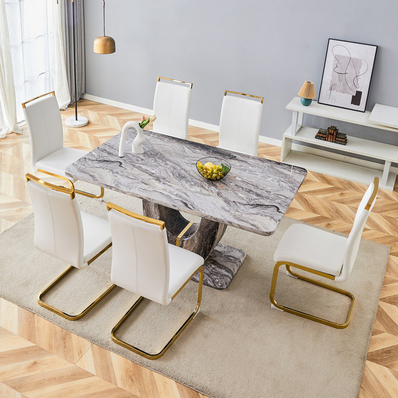 63" Modern Dining Table Set With PU Leather Chairs, U-Shaped MDF Base, White, 7 Pieces: Table, 6 Chairs