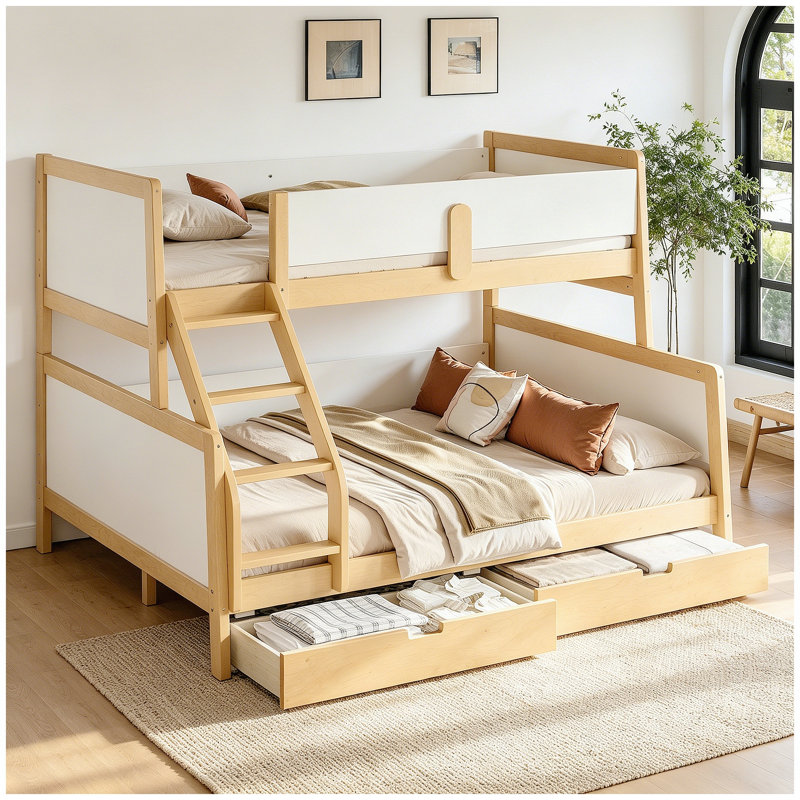 Lit simple superposé simple au-dessus d'un grand lit avec tiroirs de rangement, lit superposé en bois massif avec lattes de soutien et conception convertible, blanc et naturel