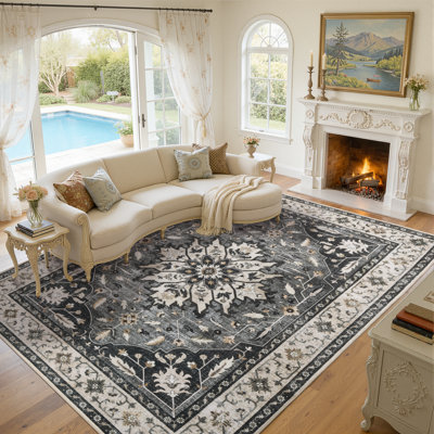 Tapis 9x12 pour salon, grand tapis lavable à motif floral vintage, tapis doux à poils courts et antidérapant pour chambre, salle à manger, bureau, tapis d'intérieur noir et gris vieilli