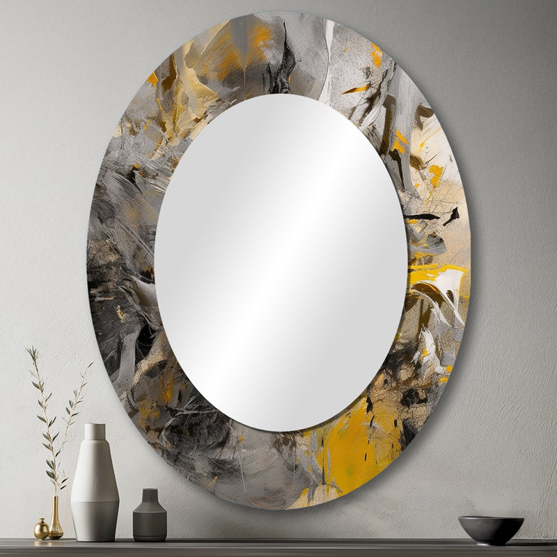 Bliss Of Happiness In Gray And Yellow I - Gray Modern Oval Wall Mirror, 43" x 33"