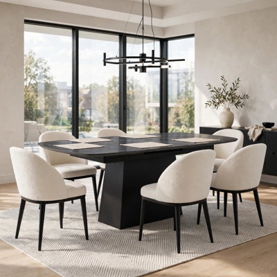 Pammy Dining Table, Self-Storing Extension Leaf, Black Faux Marble 57-72 Inch