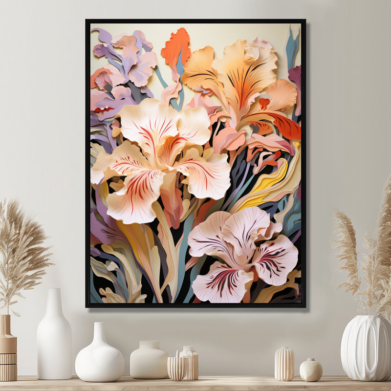 Vibrant rose fleuri iris fleur - Iris Wall Art salon, Cadre flottant noir, bois massif, H 32 po x l 16 po