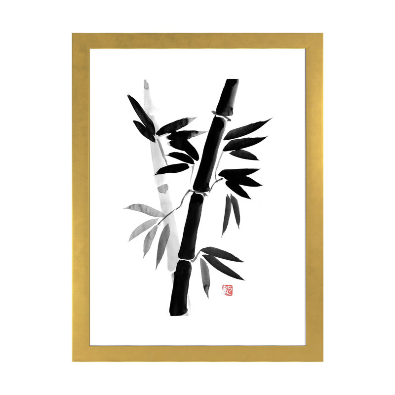 «Black Bamboo» par Péchane - impression d'art graphique, Papier encadré doré, H 32 po x l 24 po x P 1 po