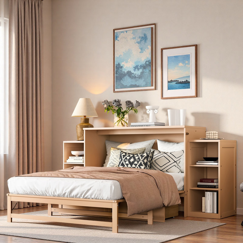 Lit escamotable avec tiroirs de rangement spacieux et tablettes ouvertes, Gris clair