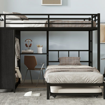 Over Bunk Bed With Built-In Wardrobe, Bunk Bed With Trundle, Foldable Desk, Ladders, Noise-Reduced Design