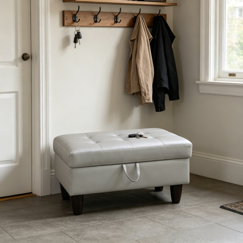 Silver Faux Leather Rectangular Lift Top Storage Ottoman Foot Stool, 33.5"×22"×17", Silver Faux Leather