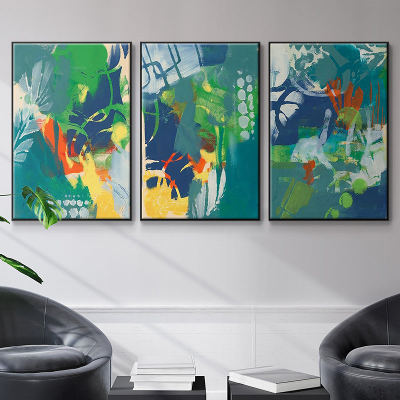 Impression tropicale encadrée sur toile 3 pièces, H 36 po x l 72 po x P 2 po, Noir