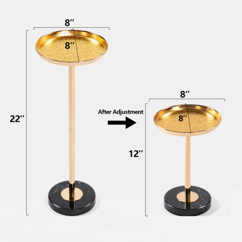 Adjustable Side Table, Small Tea Martini Table, Gold, Natural Marble Decorative Pedestal End Table For Display And Storage