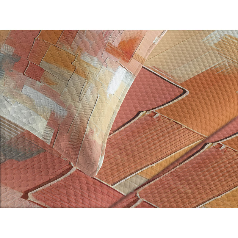 Queen Size Coral Orange and Ecru Quilted Bedspread Set