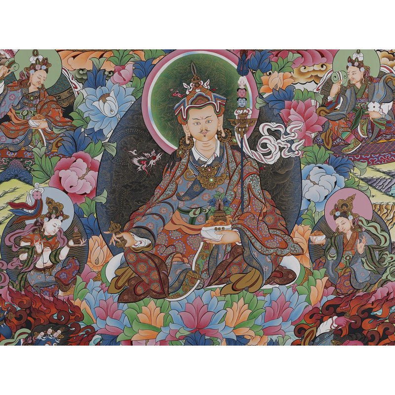 «Gourou Padmasambhava - maître du Tibet né au lotus» peint à la main Thangka | Toile de coton H 35,4 po x l 24,8 po avec feuille d'or véritable 24 carats
