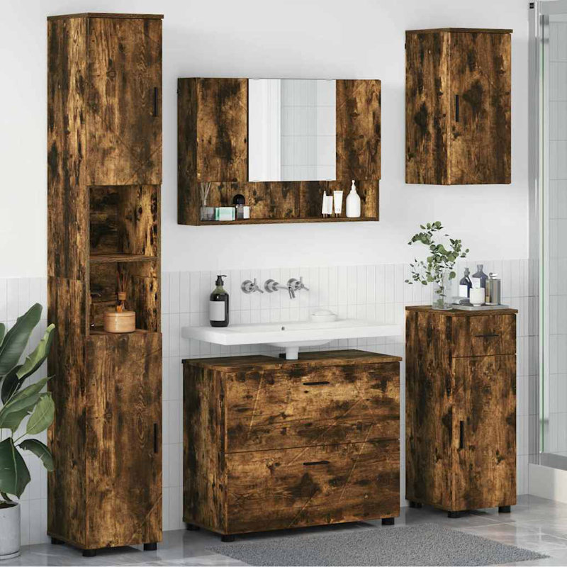 Wall Mounted Required Bathroom Storage Furniture Set, Smoked Oak