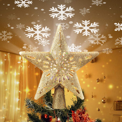 Christmas Star Tree Topper With Built-In Led Snowflake Projector Lights Hollowed Pentagram Tree Topper,Plug In Christmas Tree Ornament For Indoor Office Xmas New Year Holiday Tree Decoration