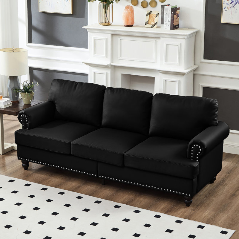 Canapé en cuir de style classique américain de 83 po, accoudoir rond avec clous argentés, structure et pieds en bois massif, coussin de siège à ressorts, housse amovible noire, espace de rangement moderne de 3 po, rembourré