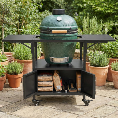 Outdoor Barbecue Table, Metal Barbecue Cart With 2 Folding Panels, Suitable For Two Large Green Egg Ovens, Black Metal