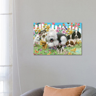 Picket Fence Pups - Wrapped Canvas Painting