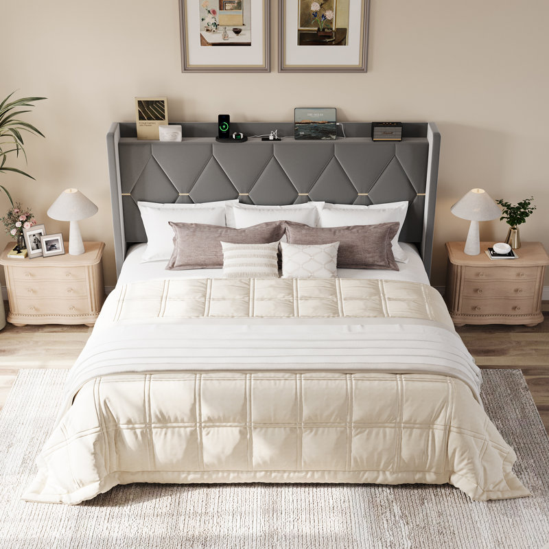 Modern Tufted Velvet Upholstered Bed With Charging Station & Storage Shelf ,No Box Spring Needed, Gray, King