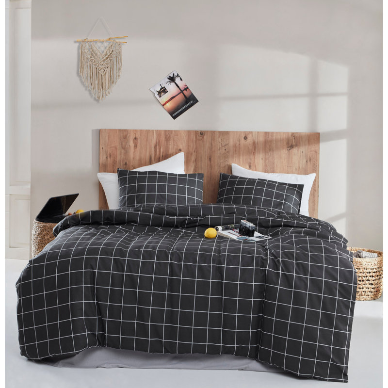 Ensemble de housse de couette double Elegant Ranforce, 100% coton, avec housse de couette, drap plat (94,5 x 102,4 po) et 2 taies d'oreiller (19,7 x 27,6 po) | Lavable à la machine, design noir et gris élégant, confortable et durable