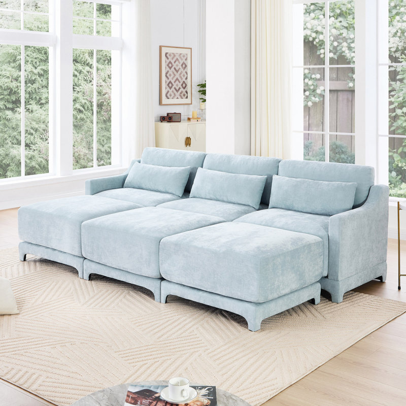 Canapé à trois places, 3 repose-pieds mobiles, équipé d'un coussin lombaire, tissu en chenille, base en bois de haute qualité, conception ergonomique, éponge à haute résilience, facile à installer