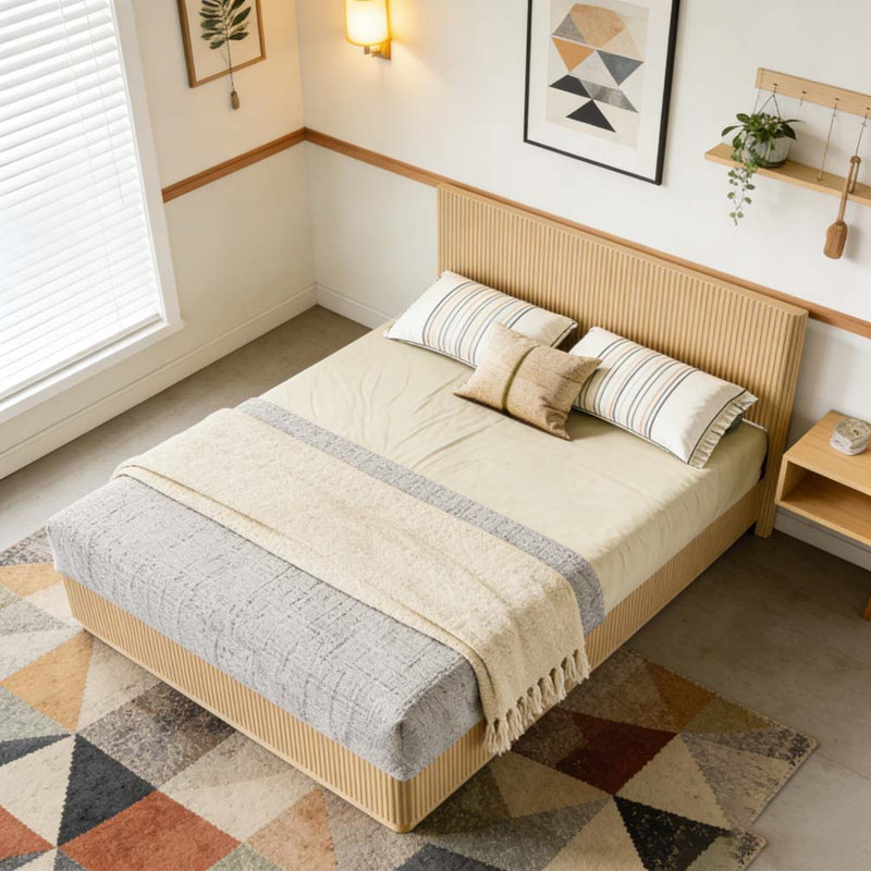 Bed Frame With LED Lights, Modern Wooden Corrugated Curved Lines, Oak