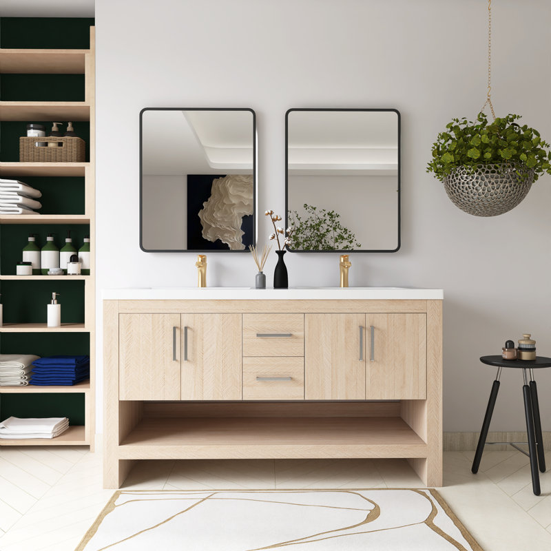 60 In. W X 21 In. D X 35 In. H Double Sink Freestanding Bath Vanity In Light Oak With White Acrylic Top