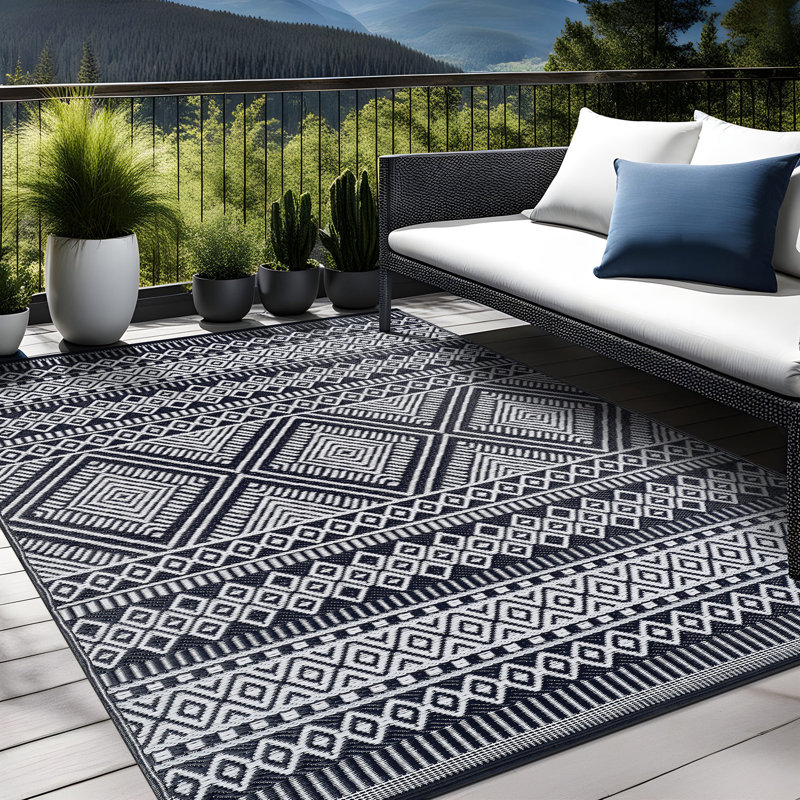 Tapis d'intérieur / extérieur marocain Aldo - bleu marine / blanc, Rectangle 9 pi x 12 pi