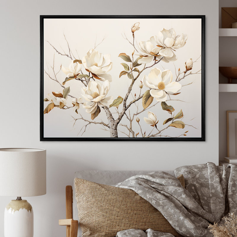 Minimalisme, fleurs de magnolia blanches sur toile, Cadre flottant noir, H 16 po x l 32 po x P 1 po