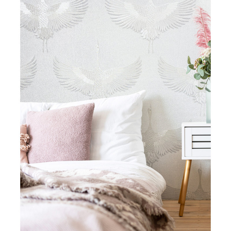 Amariyana Collection Textured Stork Design Wallpaper Roll, White