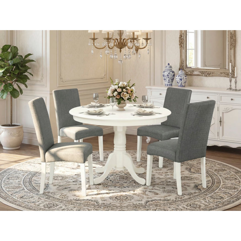5 Piece Dinette Set for 4 Includes a Round Dining Room Table with Pedestal and 4 Gray Linen Fabric Parsons Dining Chairs, Linen White