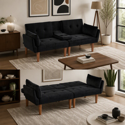 Canapé-lit double pliable noir 72 po, revêtement en velours doux, canapé confortable pour 2 personnes