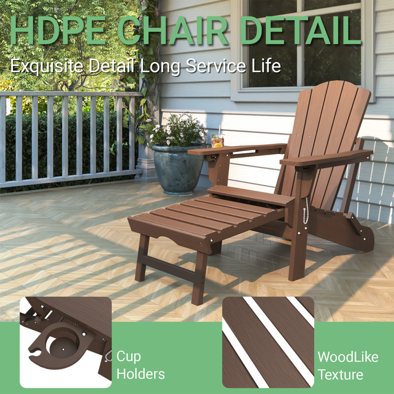 Cyani Folding Adirondack Chair With Cup Holder,HDPE Outdoor Chair With Comfort Ergonomic Seat For Patios,Lawn,Garden, Backyard Use