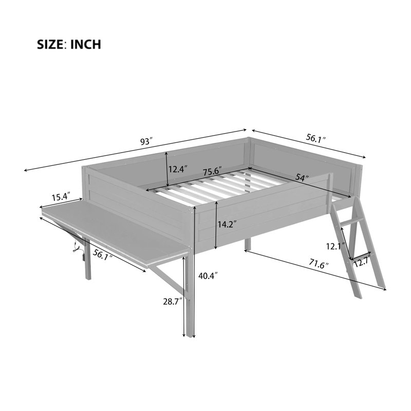 Lit mezzanine double en bois avec bureau et DEL, gris