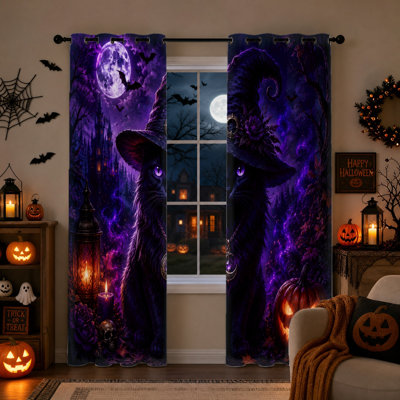 2Pcs Halloween Cat Witch Hat out Curtains, Spooky Purple Moon Night Forest Theme Thermal Insulated Noise Reducing Window Drapes, Light Blocking Room Darkening Grommet Curtain Panels for Bedroom, Living Room, Home Decor