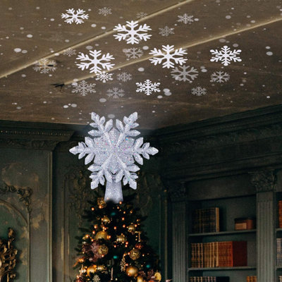 Christmas Tree Topper Lighted With Built-In Led Rotating Snowflake Projector Lights, 9.6” Hollowed Tree Topper With Silver Spangles Plug In For Indoor Home Xmas New Year Party Holiday Night Tree Decor