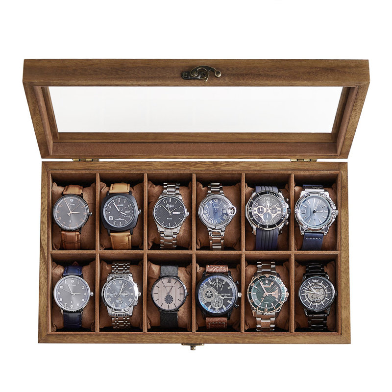 Watch Box, 12-Slot Solid Wood Watch Case Organizer With Glass Lid, Display Case With Removable Pillows, Gift For Loved Ones
