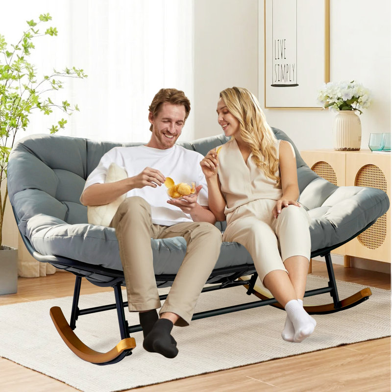Patio Rocking Chair Outdoor, Oversized Papasan Rocking Chair for 2 with E-Coated Steel Frame and Thick Cushion,Grey