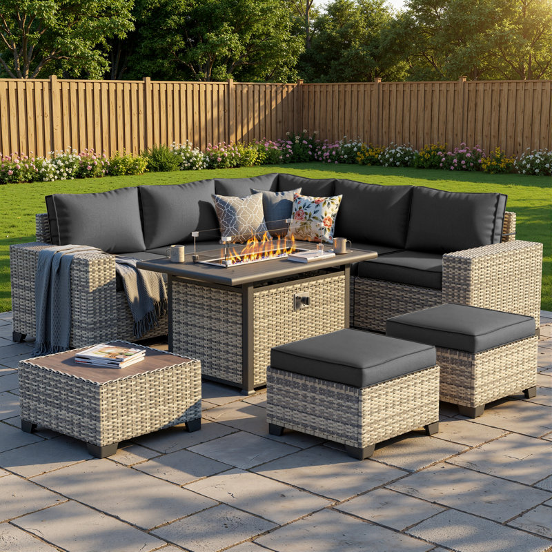 9-Piece Outdoor Modular Patio Conversation Set With Fire Pit Table, Sectional Sofa & Ottomans, Black