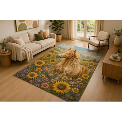 Tapis « Ultra Fin » 152 x 213 cm, motif chevaux et tournesols, idéal pour le salon. Tapis d'intérieur doux à poils courts avec envers antidérapant en silicone. Décoration florale champêtre pour la chambre, le salon, les chambres d'enfants et les animaux de compagnie. Jaune beige.