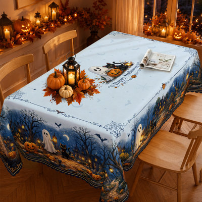 Halloween Tablecloth, Ghost Black Cat Spooky Village, Starry Blue Night Decor