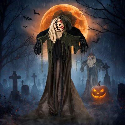 5.7Ft Pumpkin Man with a Tilted Head, Red Light Eyes, And a Ghostly Scream Voice Control; Batteries Not Included for Halloween Stand Decoration.
