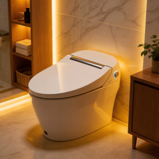 Toilette allongée une pièce intelligente | Siège chauffant, chasse d'eau automatique / au pied, double chasse 1 / 1,28 gallon par pouce carré, veilleuse, commande à bouton