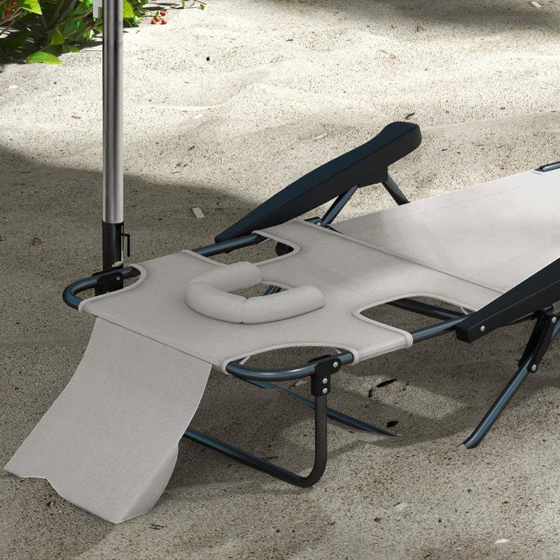 Outsunny Tanning Chaise Lounge Chair, 4-Position Beach Chair With Face & Arm Holes, Pillow Headrest, Adjustable Sunbathing Chair, Cream White
