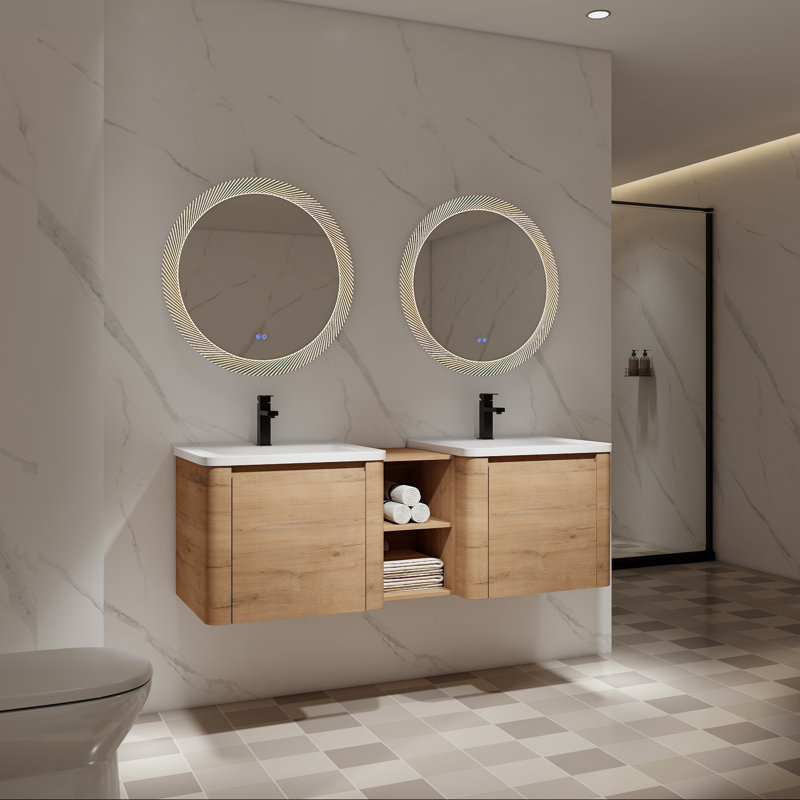 Meuble-lavabo mural avec double lavabo en céramique, rangement ouvert et porte à fermeture en douceur, 60"