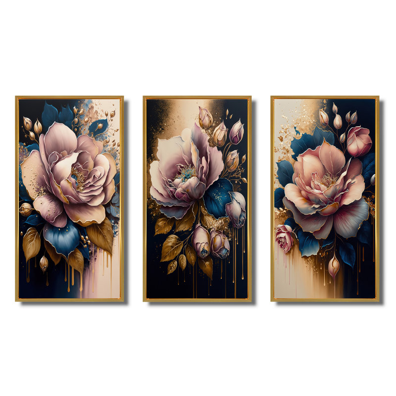 «Decadent Pink and Blue Roses», 3 pièces sur toile, Or, H 20 po x l 36 po